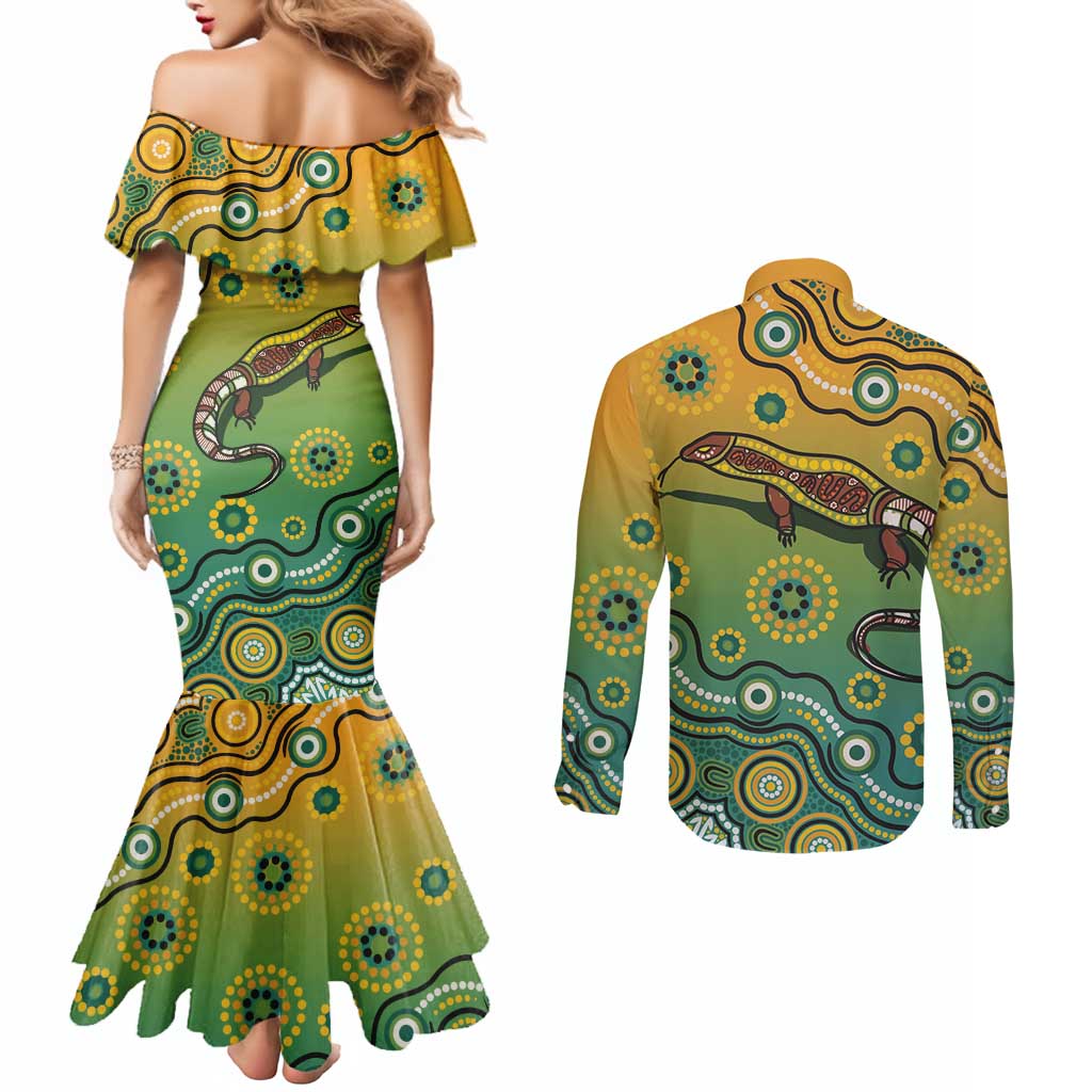 Goanna Aboriginal-style Dot Artwork Couples Matching Mermaid Dress and Long Sleeve Button Shirt