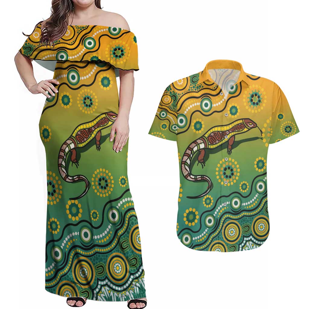 Goanna Aboriginal-style Dot Artwork Couples Matching Off Shoulder Maxi Dress and Hawaiian Shirt