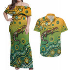 Goanna Aboriginal-style Dot Artwork Couples Matching Off Shoulder Maxi Dress and Hawaiian Shirt