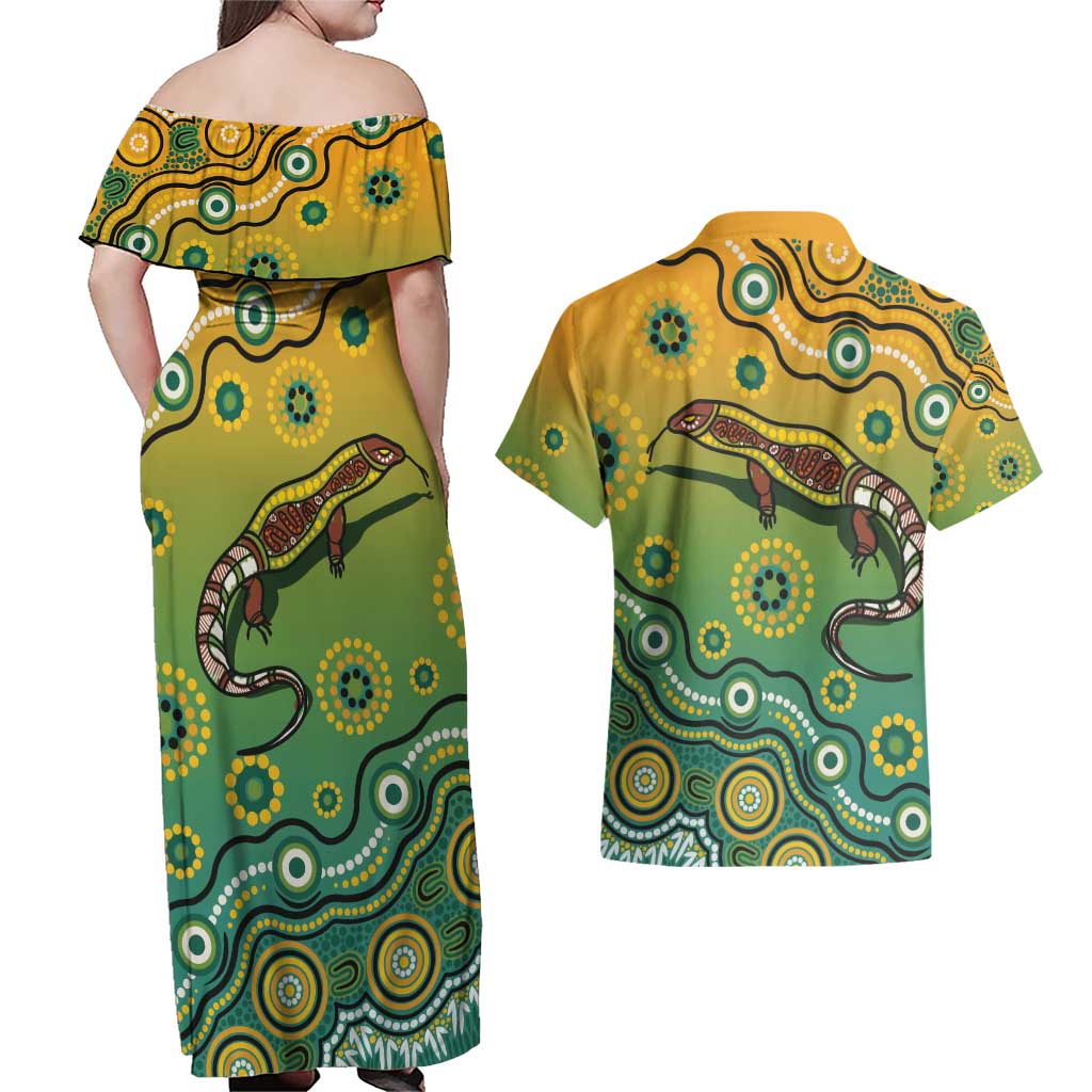 Goanna Aboriginal-style Dot Artwork Couples Matching Off Shoulder Maxi Dress and Hawaiian Shirt