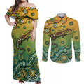 Goanna Aboriginal-style Dot Artwork Couples Matching Off Shoulder Maxi Dress and Long Sleeve Button Shirt
