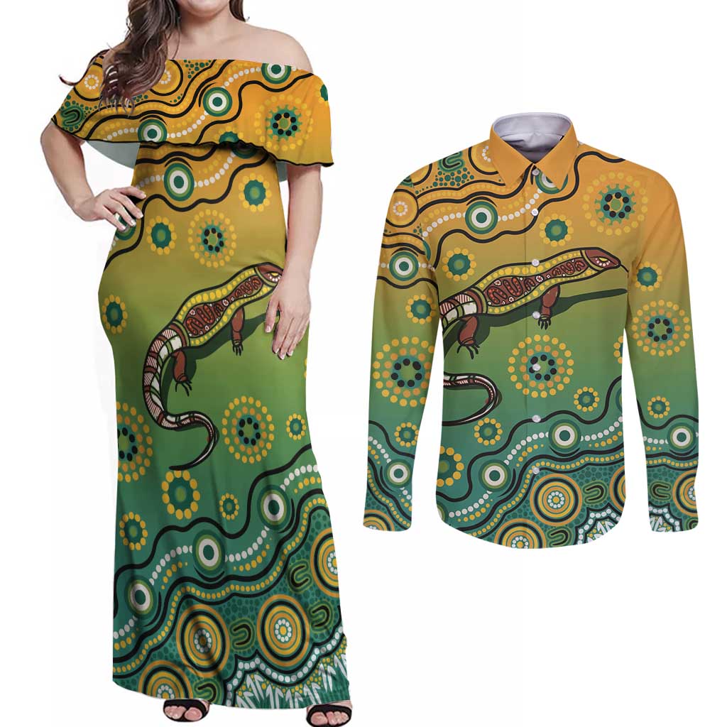 Goanna Aboriginal-style Dot Artwork Couples Matching Off Shoulder Maxi Dress and Long Sleeve Button Shirt