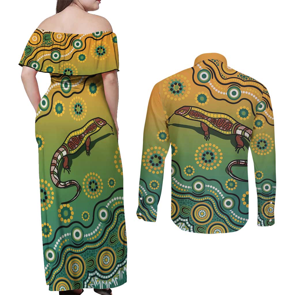 Goanna Aboriginal-style Dot Artwork Couples Matching Off Shoulder Maxi Dress and Long Sleeve Button Shirt