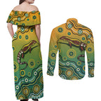 Goanna Aboriginal-style Dot Artwork Couples Matching Off Shoulder Maxi Dress and Long Sleeve Button Shirt