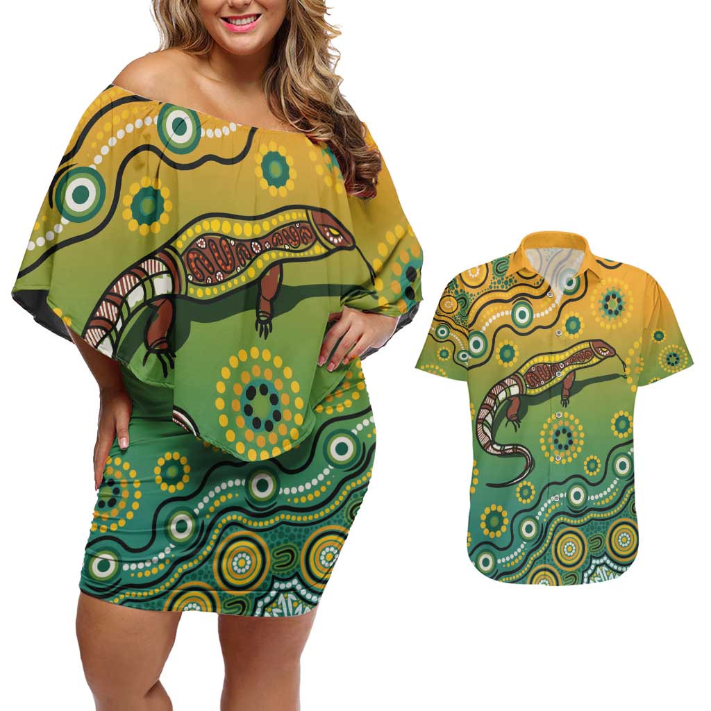 Goanna Aboriginal-style Dot Artwork Couples Matching Off Shoulder Short Dress and Hawaiian Shirt