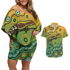 Goanna Aboriginal-style Dot Artwork Couples Matching Off Shoulder Short Dress and Hawaiian Shirt