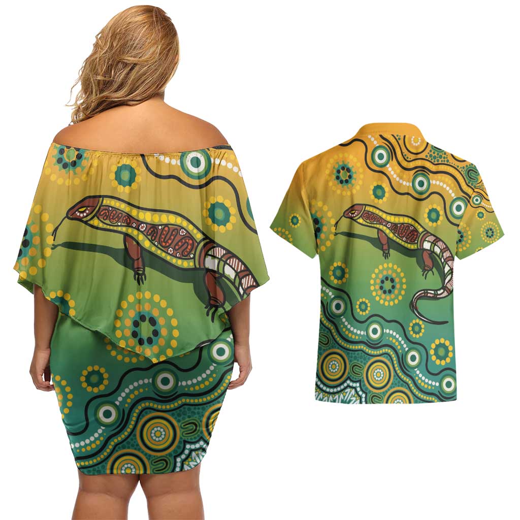 Goanna Aboriginal-style Dot Artwork Couples Matching Off Shoulder Short Dress and Hawaiian Shirt