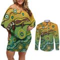 Goanna Aboriginal-style Dot Artwork Couples Matching Off Shoulder Short Dress and Long Sleeve Button Shirt