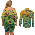 Goanna Aboriginal-style Dot Artwork Couples Matching Off Shoulder Short Dress and Long Sleeve Button Shirt