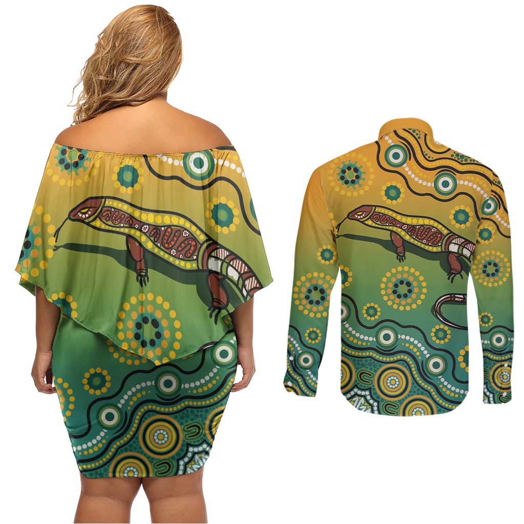Goanna Aboriginal-style Dot Artwork Couples Matching Off Shoulder Short Dress and Long Sleeve Button Shirt