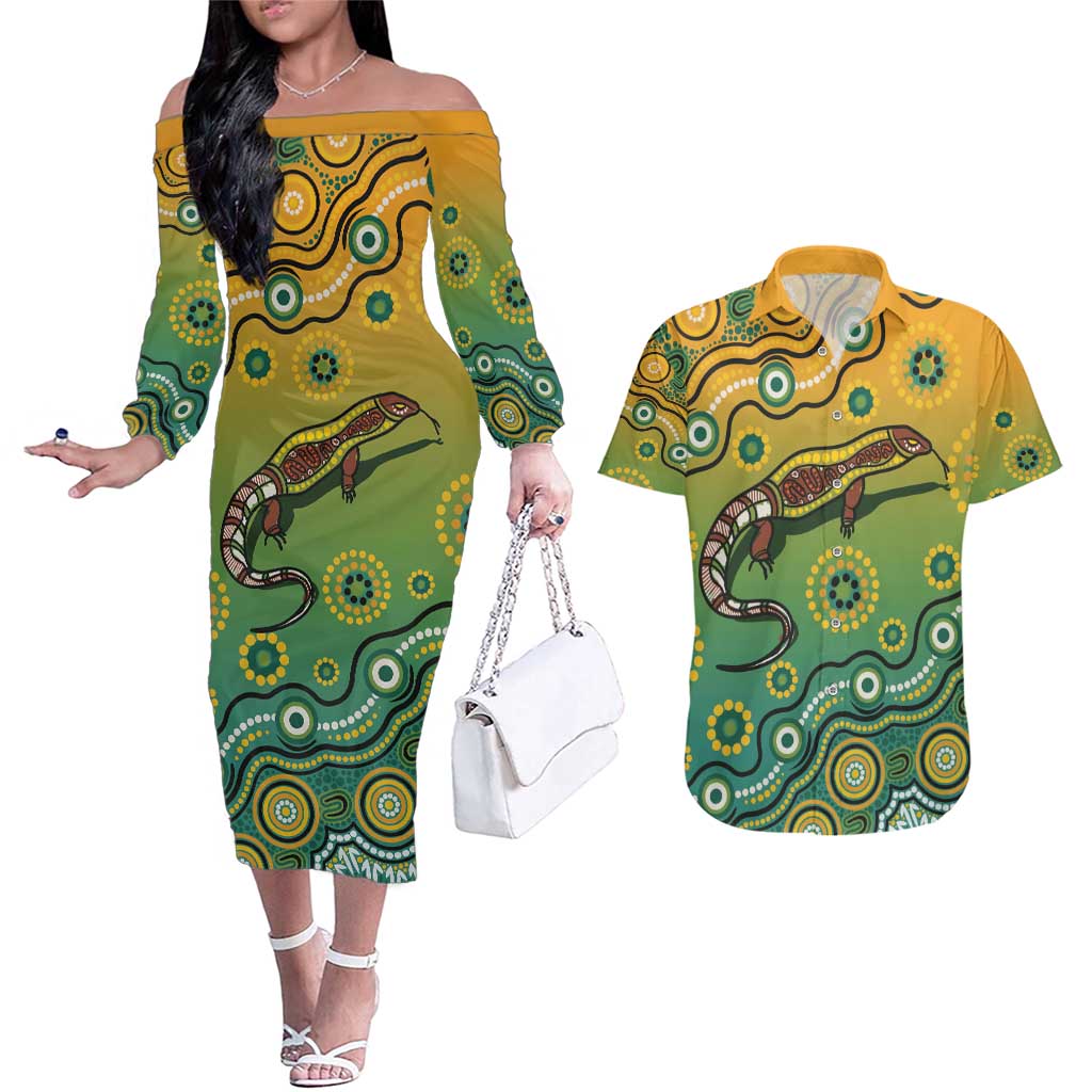 Goanna Aboriginal-style Dot Artwork Couples Matching Off The Shoulder Long Sleeve Dress and Hawaiian Shirt