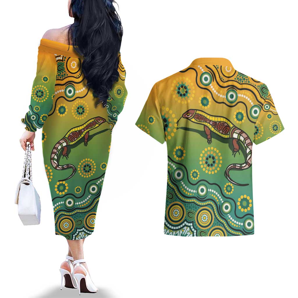 Goanna Aboriginal-style Dot Artwork Couples Matching Off The Shoulder Long Sleeve Dress and Hawaiian Shirt