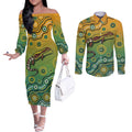 Goanna Aboriginal-style Dot Artwork Couples Matching Off The Shoulder Long Sleeve Dress and Long Sleeve Button Shirt