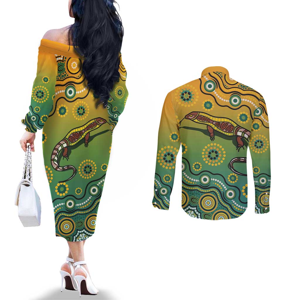 Goanna Aboriginal-style Dot Artwork Couples Matching Off The Shoulder Long Sleeve Dress and Long Sleeve Button Shirt