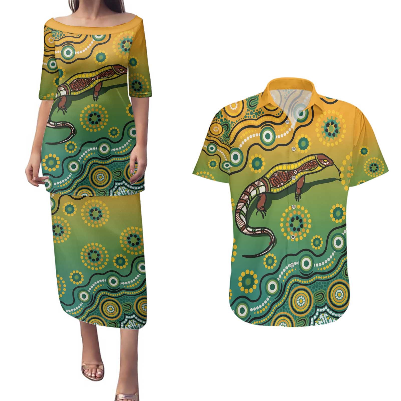 Goanna Aboriginal-style Dot Artwork Couples Matching Puletasi and Hawaiian Shirt