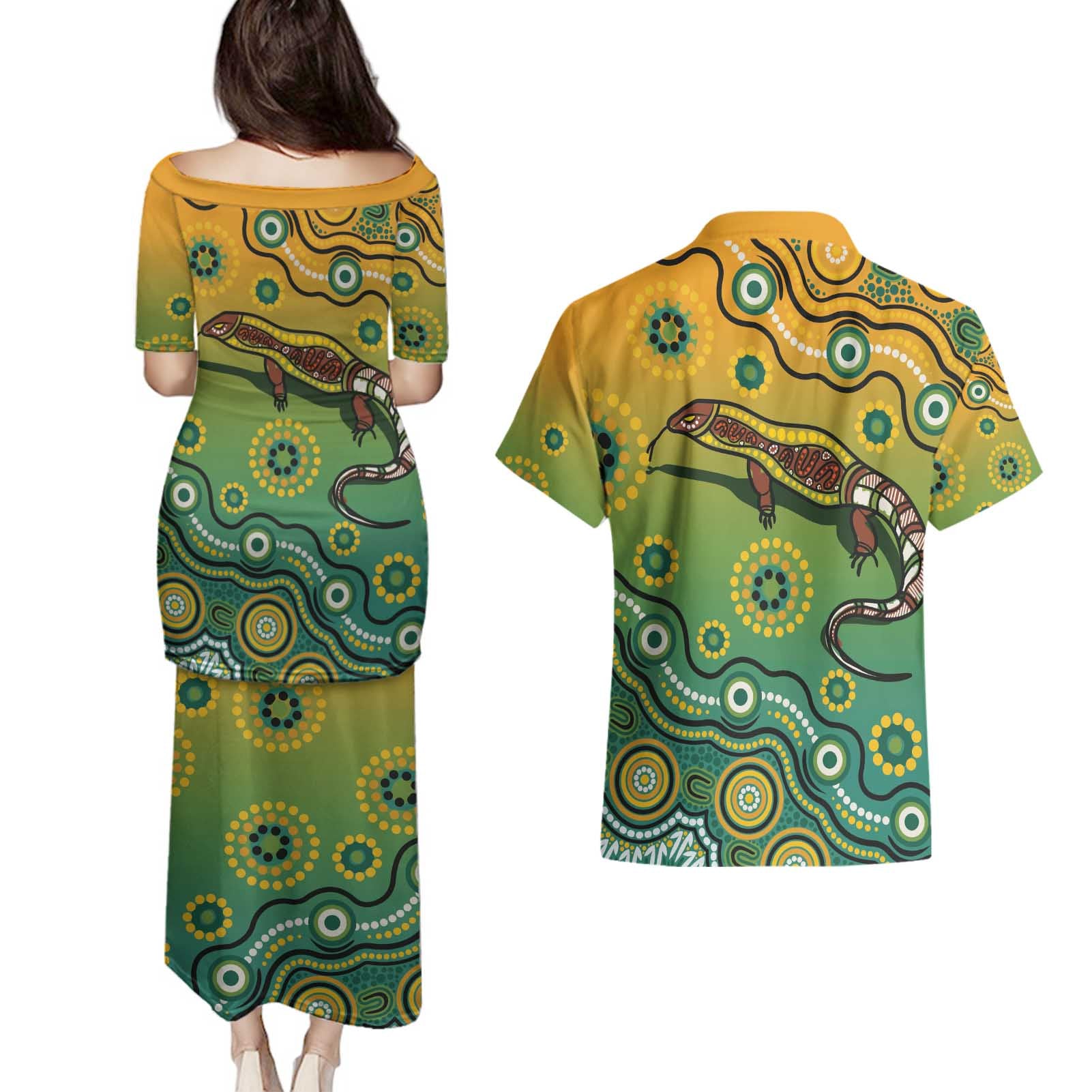Goanna Aboriginal-style Dot Artwork Couples Matching Puletasi and Hawaiian Shirt