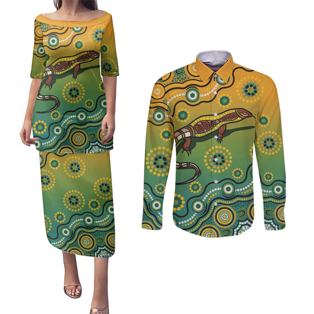 Goanna Aboriginal-style Dot Artwork Couples Matching Puletasi and Long Sleeve Button Shirt