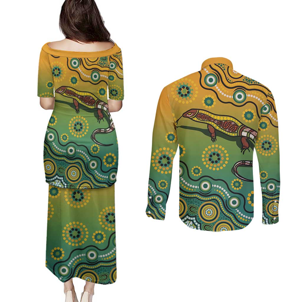 Goanna Aboriginal-style Dot Artwork Couples Matching Puletasi and Long Sleeve Button Shirt
