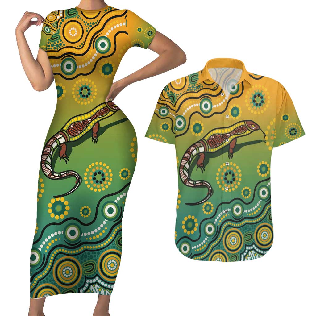 Goanna Aboriginal-style Dot Artwork Couples Matching Short Sleeve Bodycon Dress and Hawaiian Shirt
