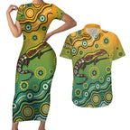 Goanna Aboriginal-style Dot Artwork Couples Matching Short Sleeve Bodycon Dress and Hawaiian Shirt