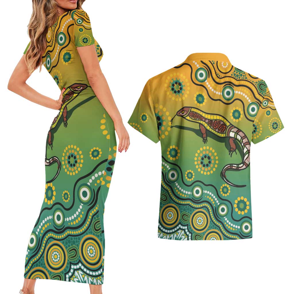 Goanna Aboriginal-style Dot Artwork Couples Matching Short Sleeve Bodycon Dress and Hawaiian Shirt