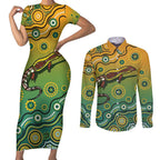 Goanna Aboriginal-style Dot Artwork Couples Matching Short Sleeve Bodycon Dress and Long Sleeve Button Shirt