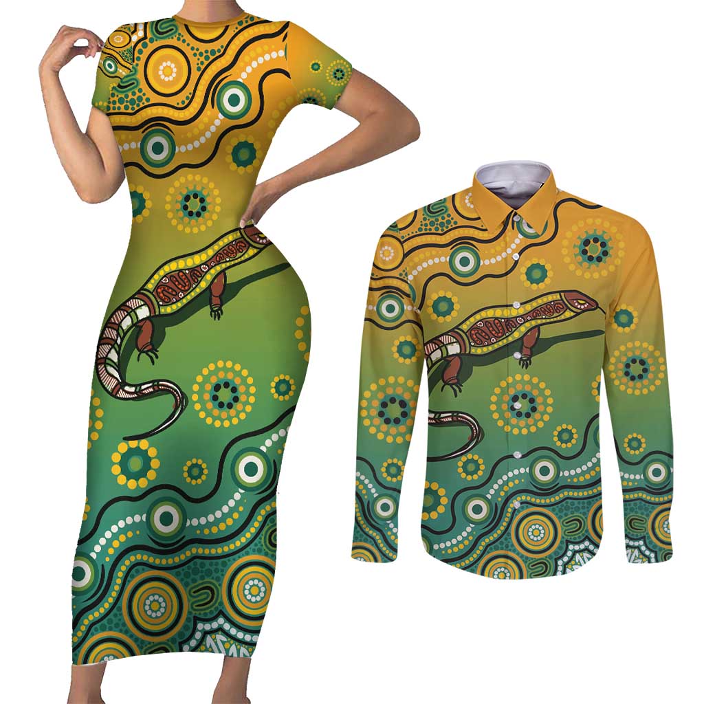 Goanna Aboriginal-style Dot Artwork Couples Matching Short Sleeve Bodycon Dress and Long Sleeve Button Shirt