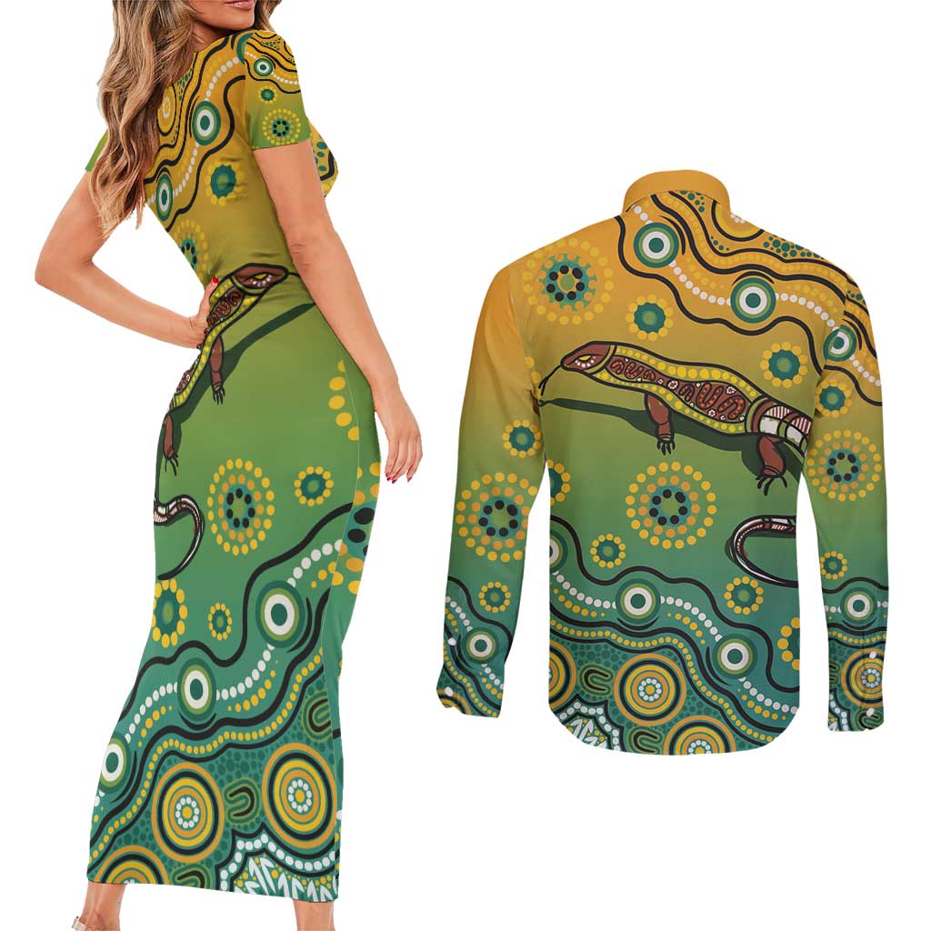 Goanna Aboriginal-style Dot Artwork Couples Matching Short Sleeve Bodycon Dress and Long Sleeve Button Shirt