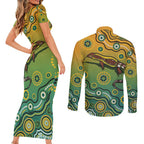 Goanna Aboriginal-style Dot Artwork Couples Matching Short Sleeve Bodycon Dress and Long Sleeve Button Shirt