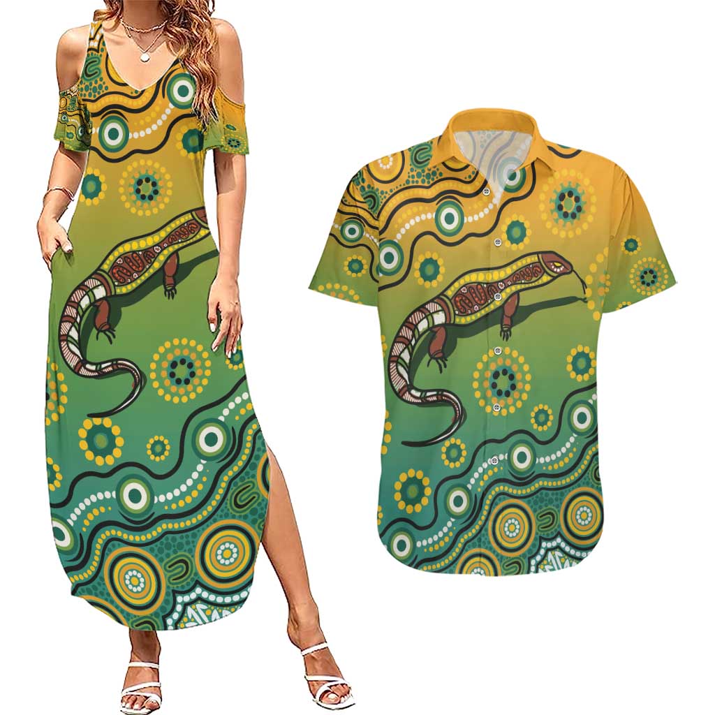 Goanna Aboriginal-style Dot Artwork Couples Matching Summer Maxi Dress and Hawaiian Shirt