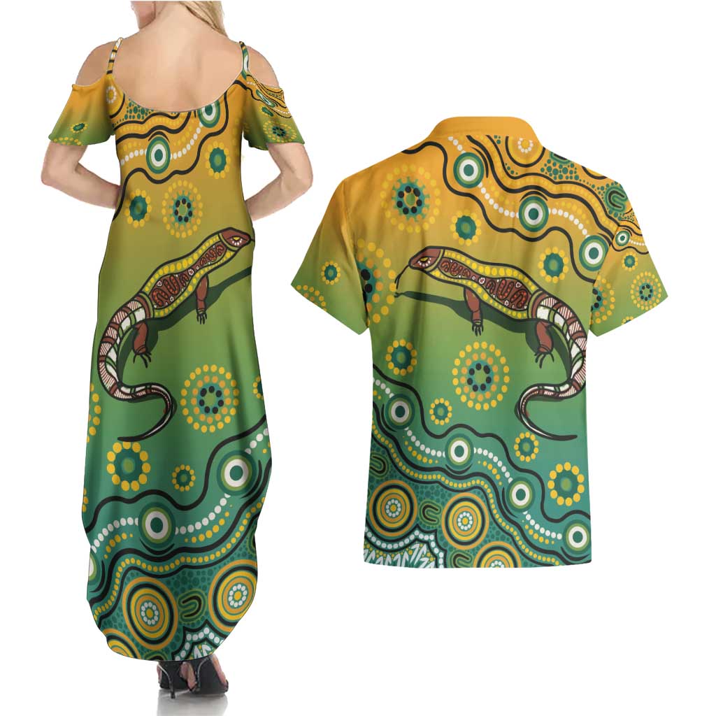 Goanna Aboriginal-style Dot Artwork Couples Matching Summer Maxi Dress and Hawaiian Shirt