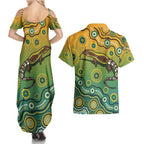 Goanna Aboriginal-style Dot Artwork Couples Matching Summer Maxi Dress and Hawaiian Shirt