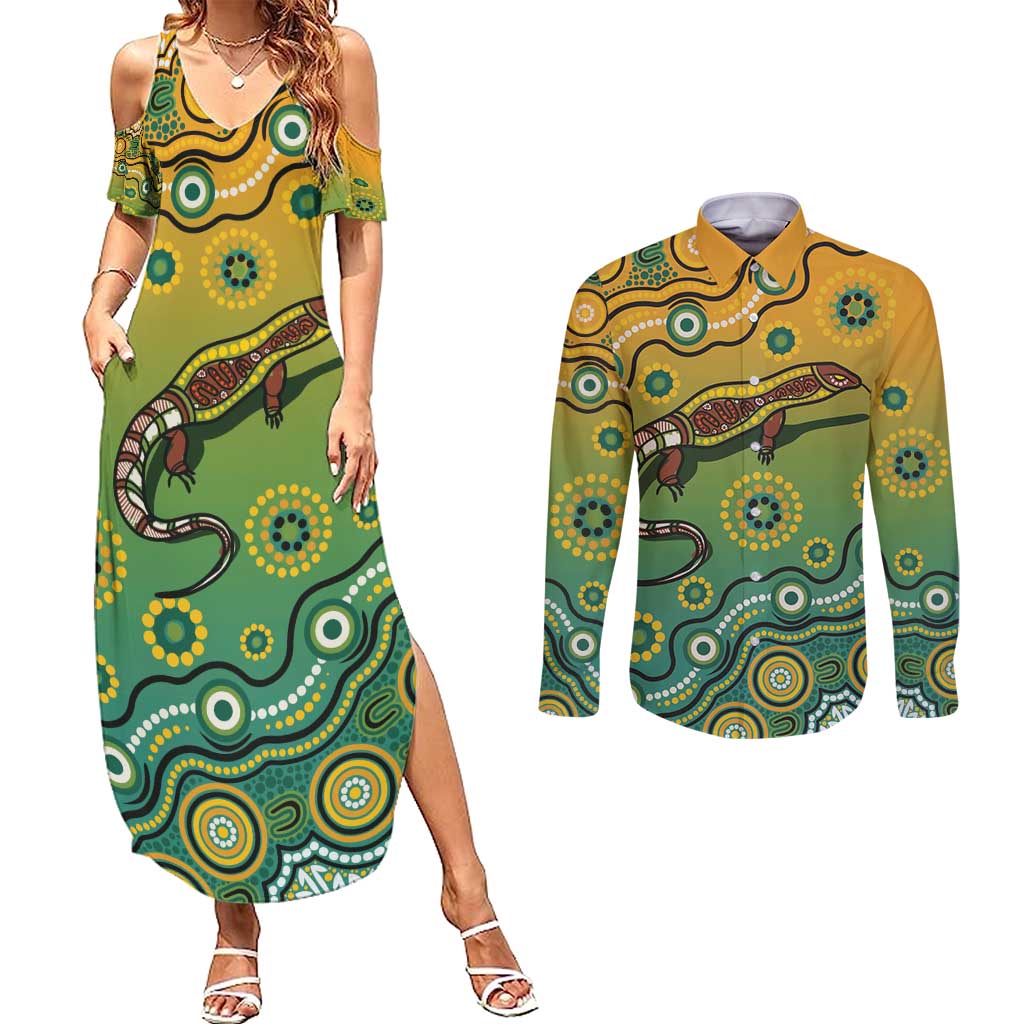 Goanna Aboriginal-style Dot Artwork Couples Matching Summer Maxi Dress and Long Sleeve Button Shirt