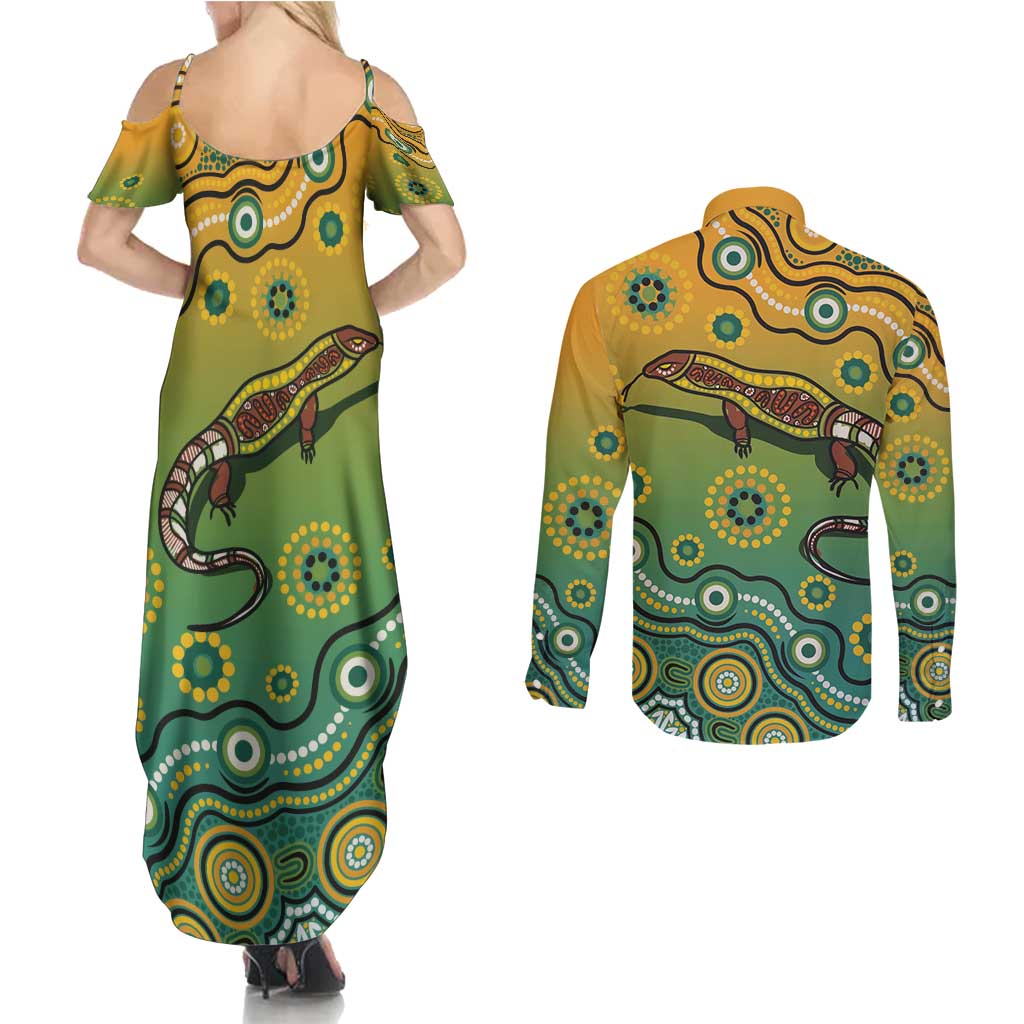 Goanna Aboriginal-style Dot Artwork Couples Matching Summer Maxi Dress and Long Sleeve Button Shirt