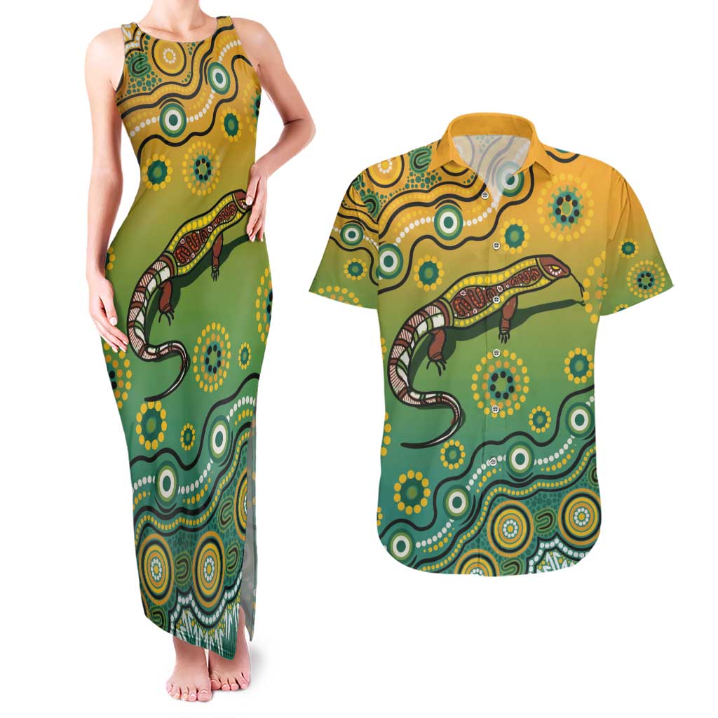Goanna Aboriginal-style Dot Artwork Couples Matching Tank Maxi Dress and Hawaiian Shirt