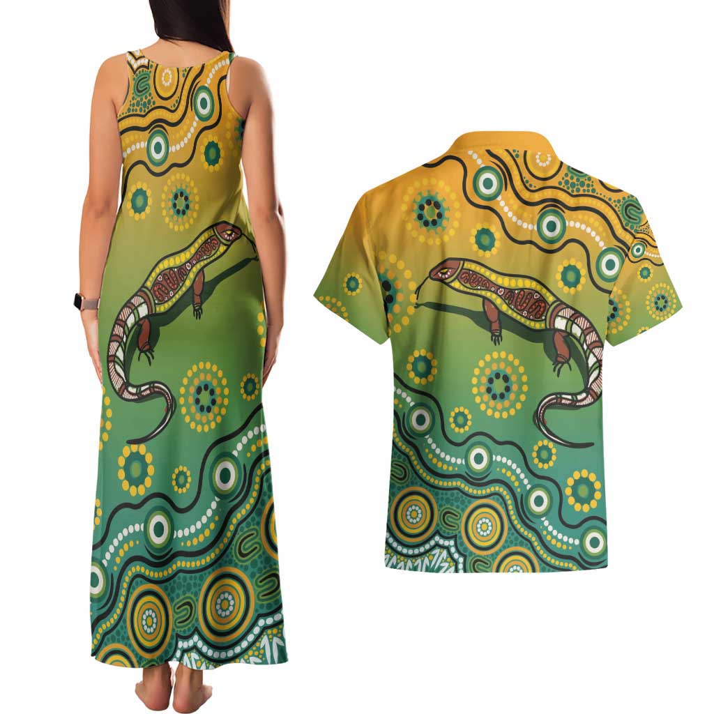 Goanna Aboriginal-style Dot Artwork Couples Matching Tank Maxi Dress and Hawaiian Shirt