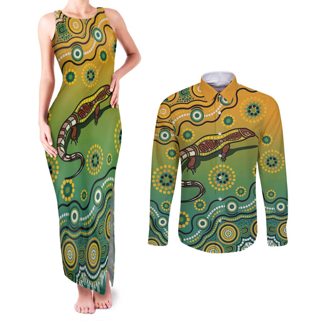 Goanna Aboriginal-style Dot Artwork Couples Matching Tank Maxi Dress and Long Sleeve Button Shirt