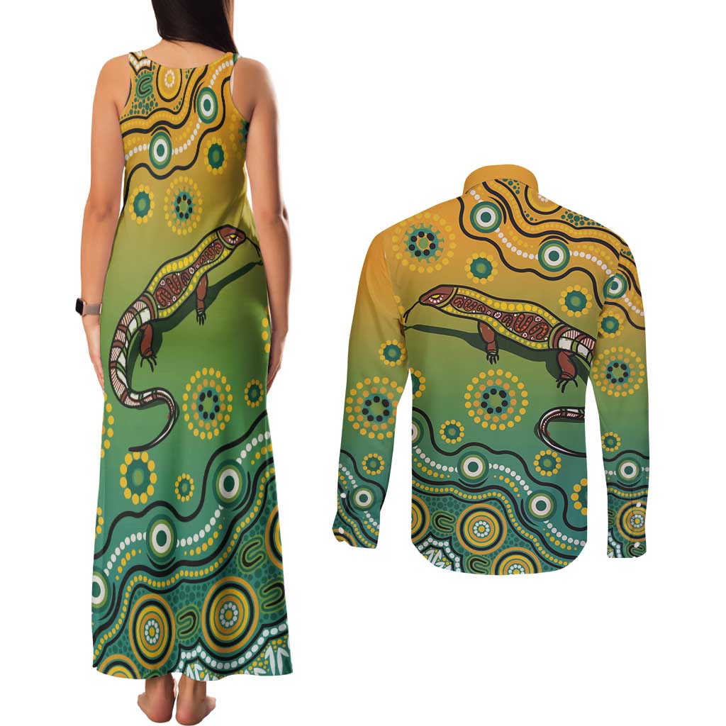 Goanna Aboriginal-style Dot Artwork Couples Matching Tank Maxi Dress and Long Sleeve Button Shirt