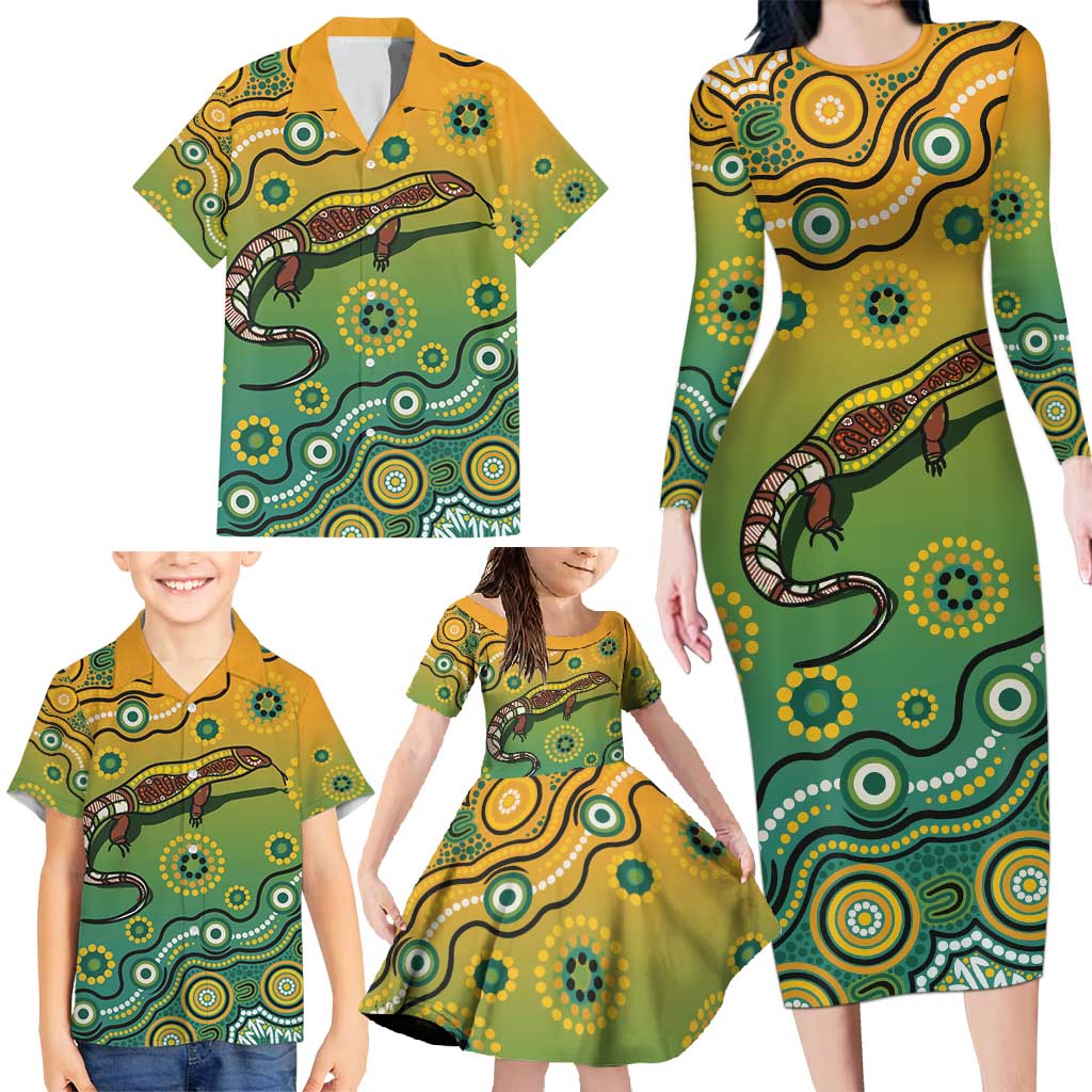 Goanna Aboriginal-style Dot Artwork Family Matching Long Sleeve Bodycon Dress and Hawaiian Shirt