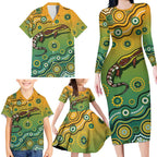 Goanna Aboriginal-style Dot Artwork Family Matching Long Sleeve Bodycon Dress and Hawaiian Shirt