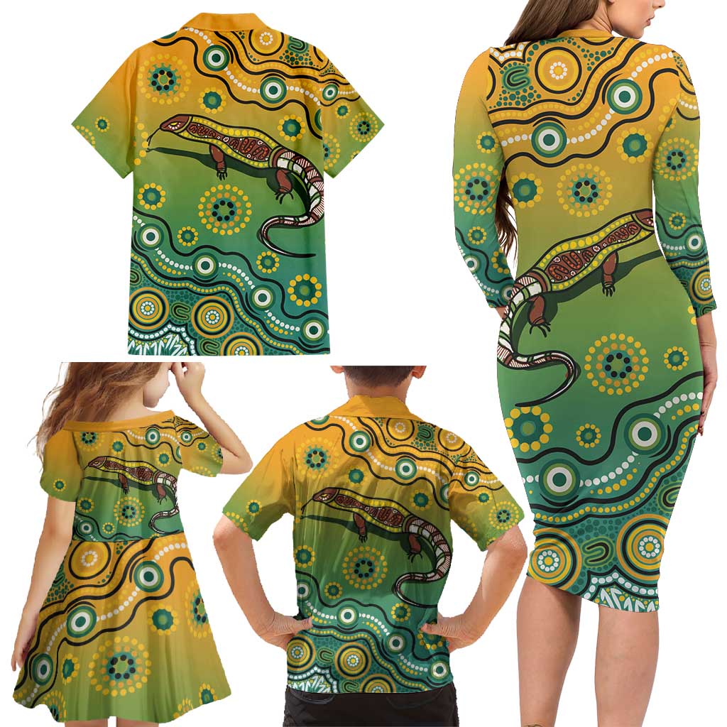 Goanna Aboriginal-style Dot Artwork Family Matching Long Sleeve Bodycon Dress and Hawaiian Shirt