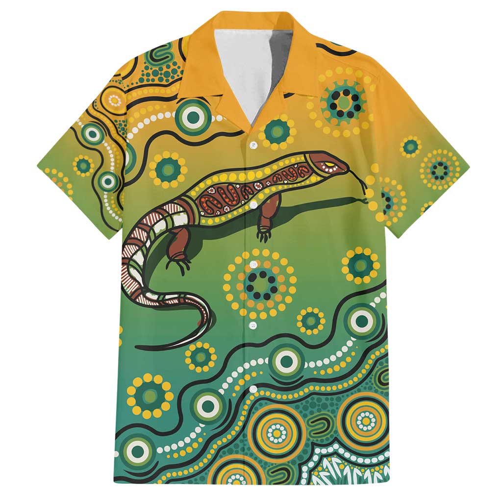Goanna Aboriginal-style Dot Artwork Family Matching Long Sleeve Bodycon Dress and Hawaiian Shirt