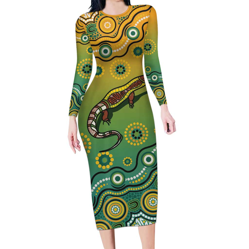 Goanna Aboriginal-style Dot Artwork Family Matching Long Sleeve Bodycon Dress and Hawaiian Shirt