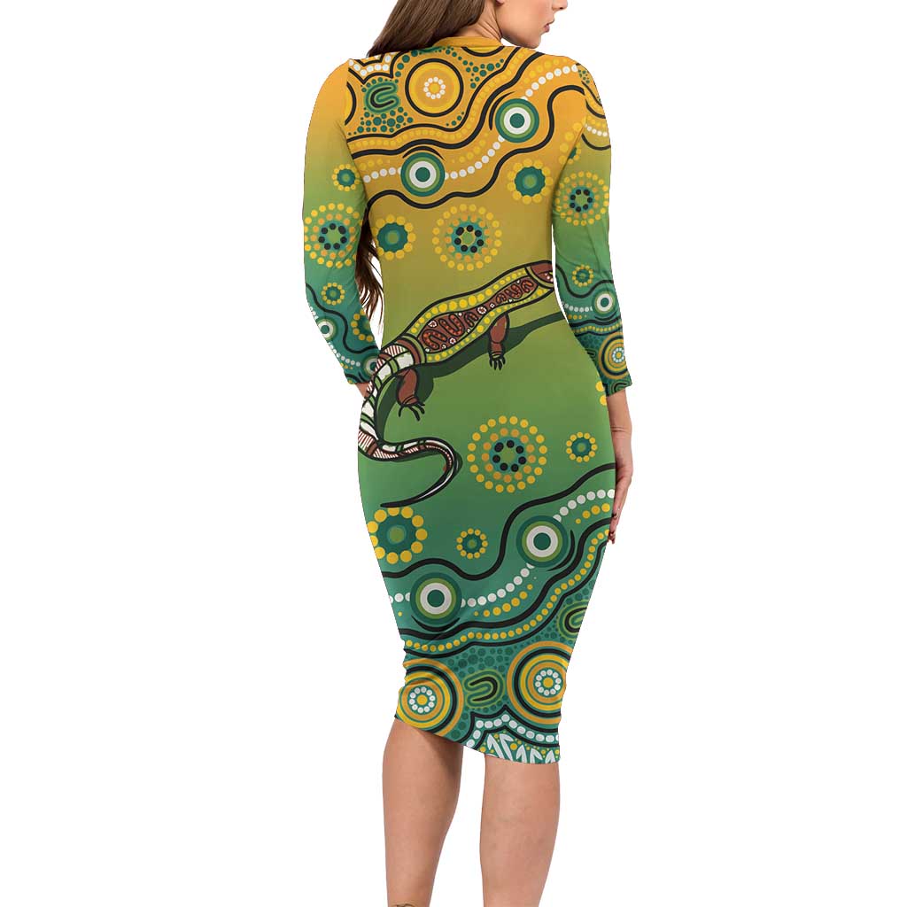 Goanna Aboriginal-style Dot Artwork Family Matching Long Sleeve Bodycon Dress and Hawaiian Shirt