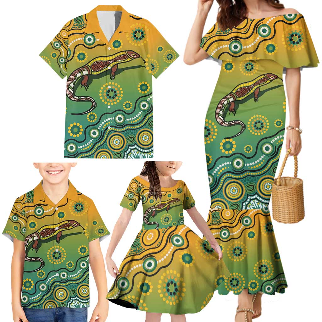 Goanna Aboriginal-style Dot Artwork Family Matching Mermaid Dress and Hawaiian Shirt