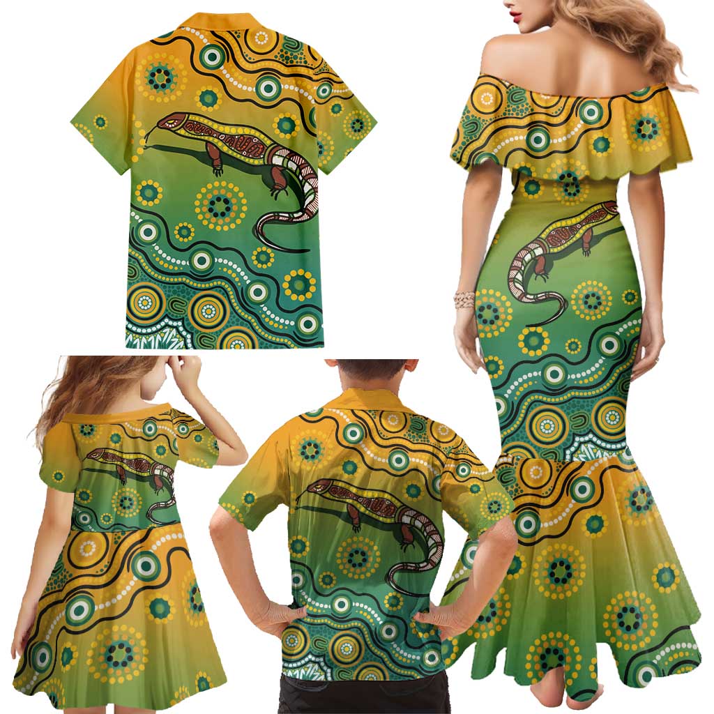 Goanna Aboriginal-style Dot Artwork Family Matching Mermaid Dress and Hawaiian Shirt