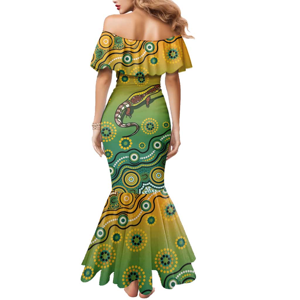 Goanna Aboriginal-style Dot Artwork Family Matching Mermaid Dress and Hawaiian Shirt