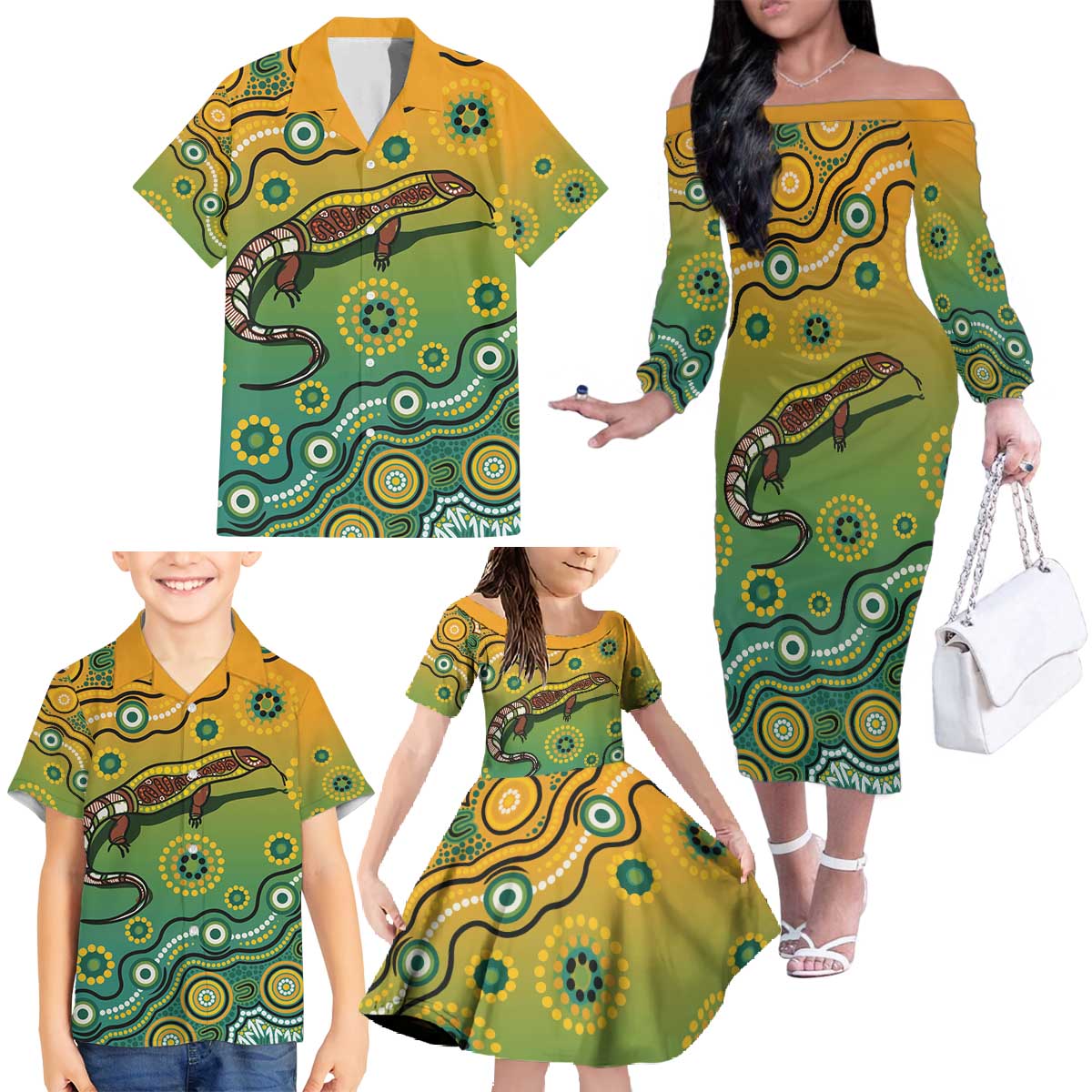 Goanna Aboriginal-style Dot Artwork Family Matching Off The Shoulder Long Sleeve Dress and Hawaiian Shirt