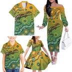 Goanna Aboriginal-style Dot Artwork Family Matching Off The Shoulder Long Sleeve Dress and Hawaiian Shirt