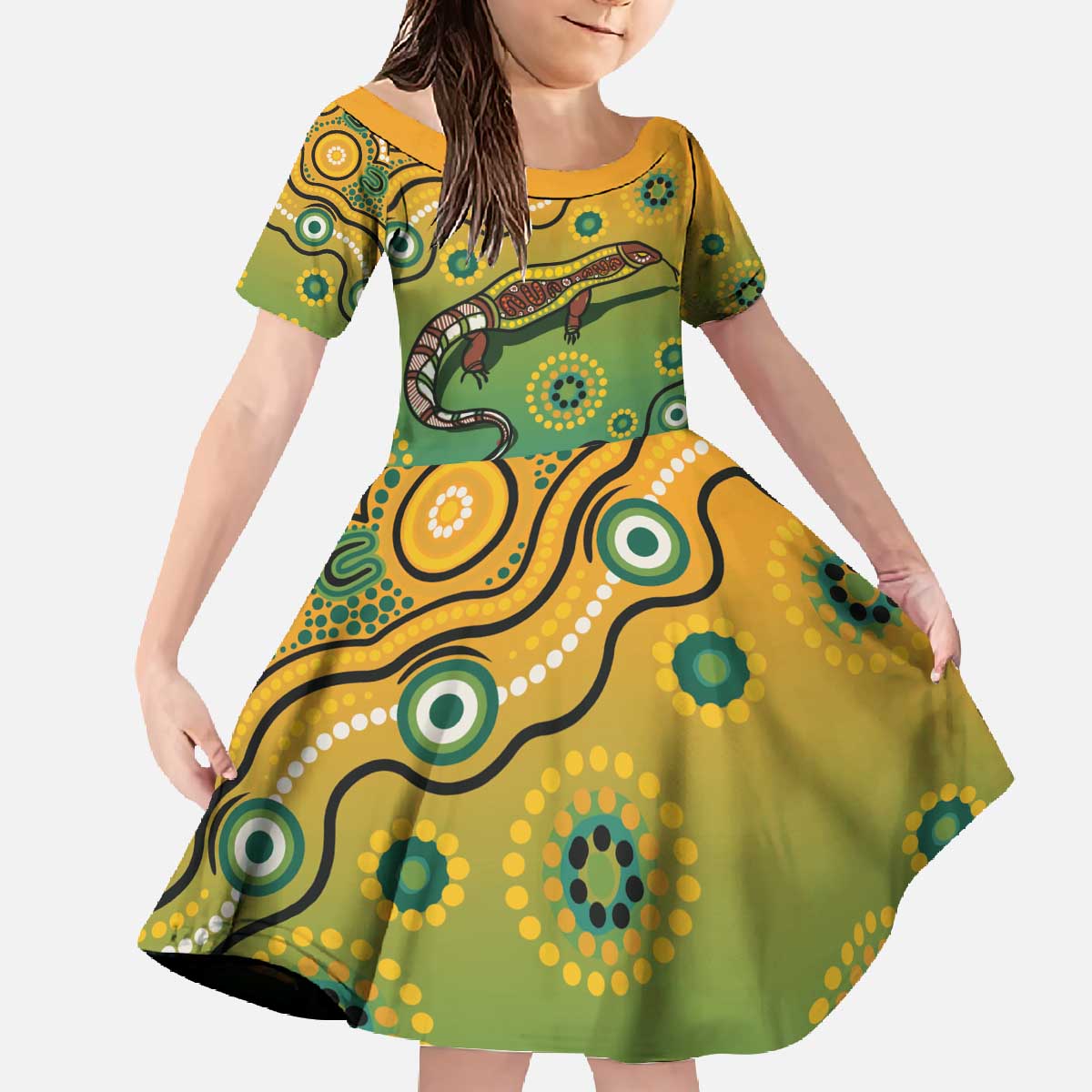 Goanna Aboriginal-style Dot Artwork Family Matching Off The Shoulder Long Sleeve Dress and Hawaiian Shirt